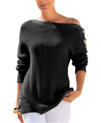 Women's Boat-Neck Button-Detail Off-Shoulder Knit Sweater