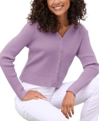Women's Cropped Ribbed-Knit Heart-Button Cardigan