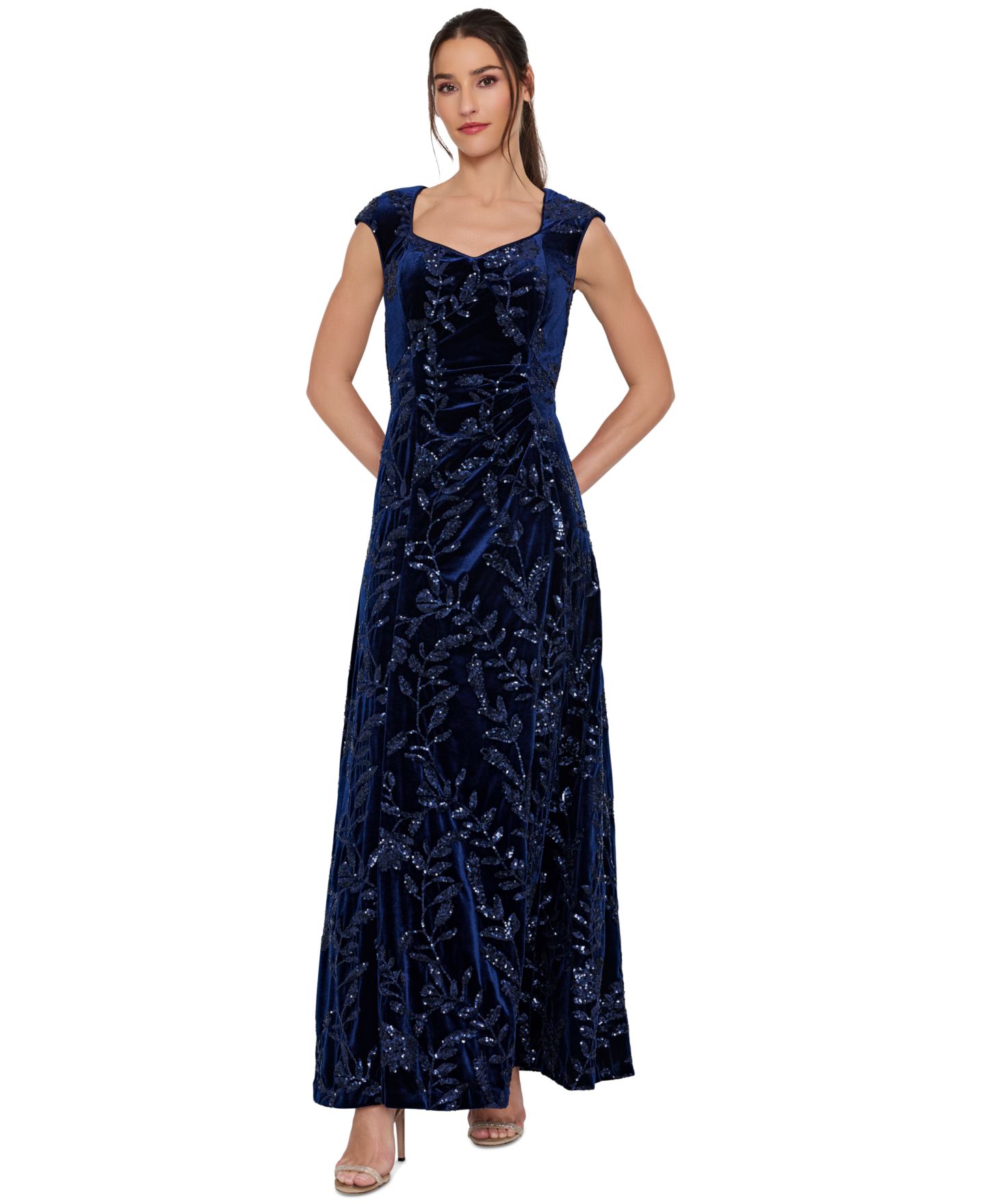Женское платье Tahari ASL Floral-Print Sequin Velvet Gown, цвет: Тёмно-синий — фото 1
