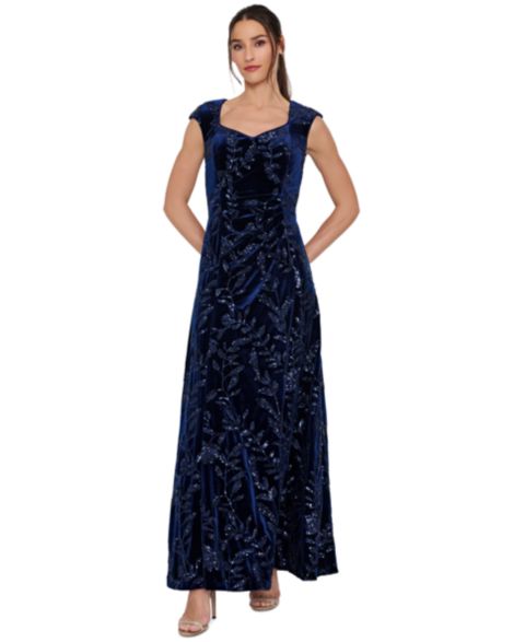 Женское платье Tahari ASL Floral-Print Sequin Velvet Gown, цвет: Тёмно-синий