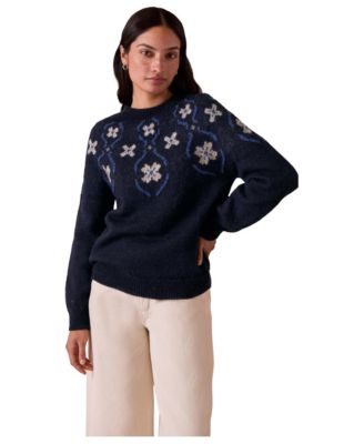 Women's Crewneck Long-Sleeve Abstract Wool Sweater