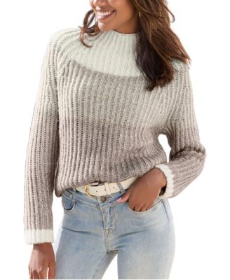 Women's Mock-Neck Color-Block Ombre Long Raglan Sleeves Sweater