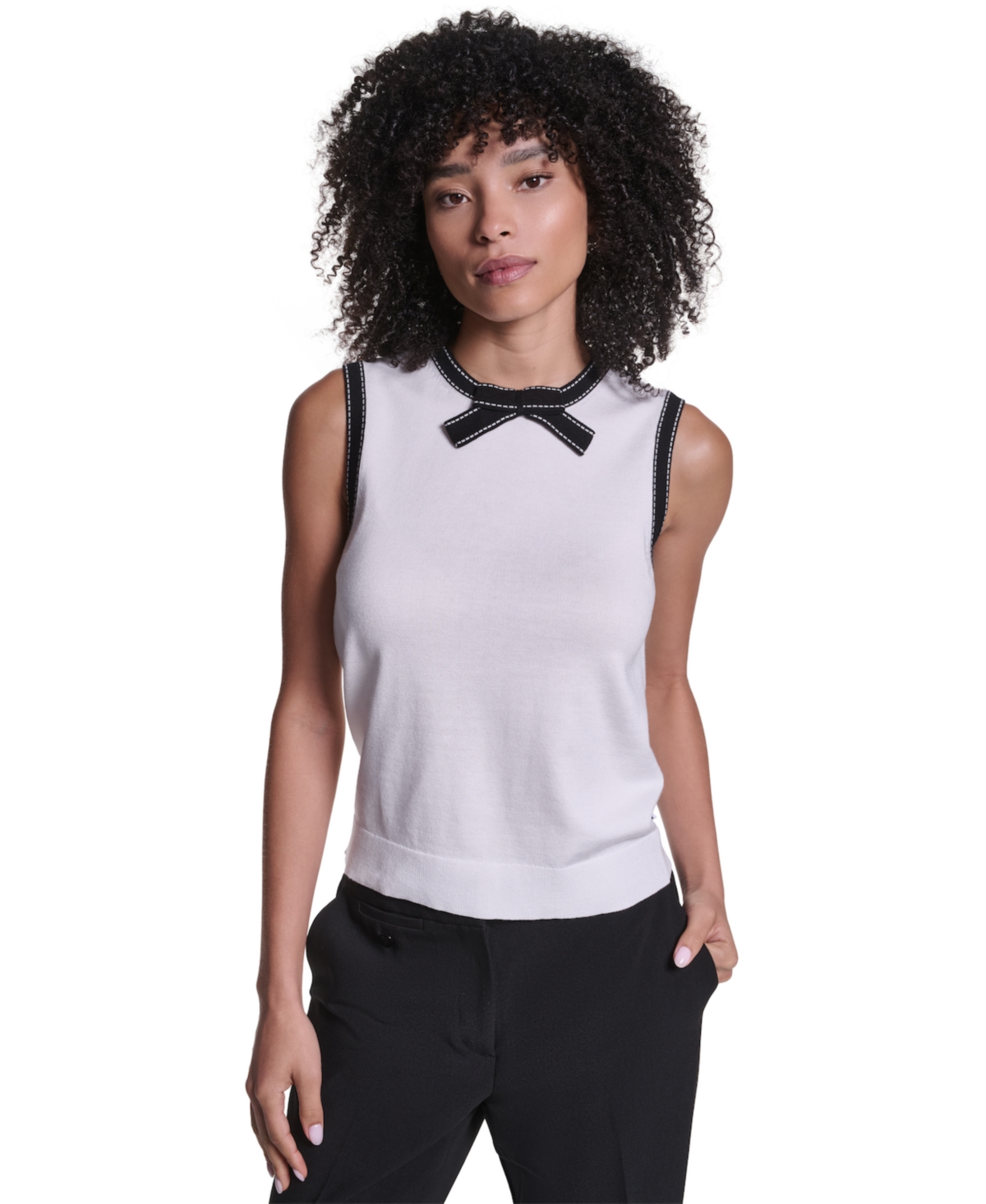 Karl Lagerfeld Paris Women's Crewneck Sleeveless Bow-Detail Top - Soft White/Black
