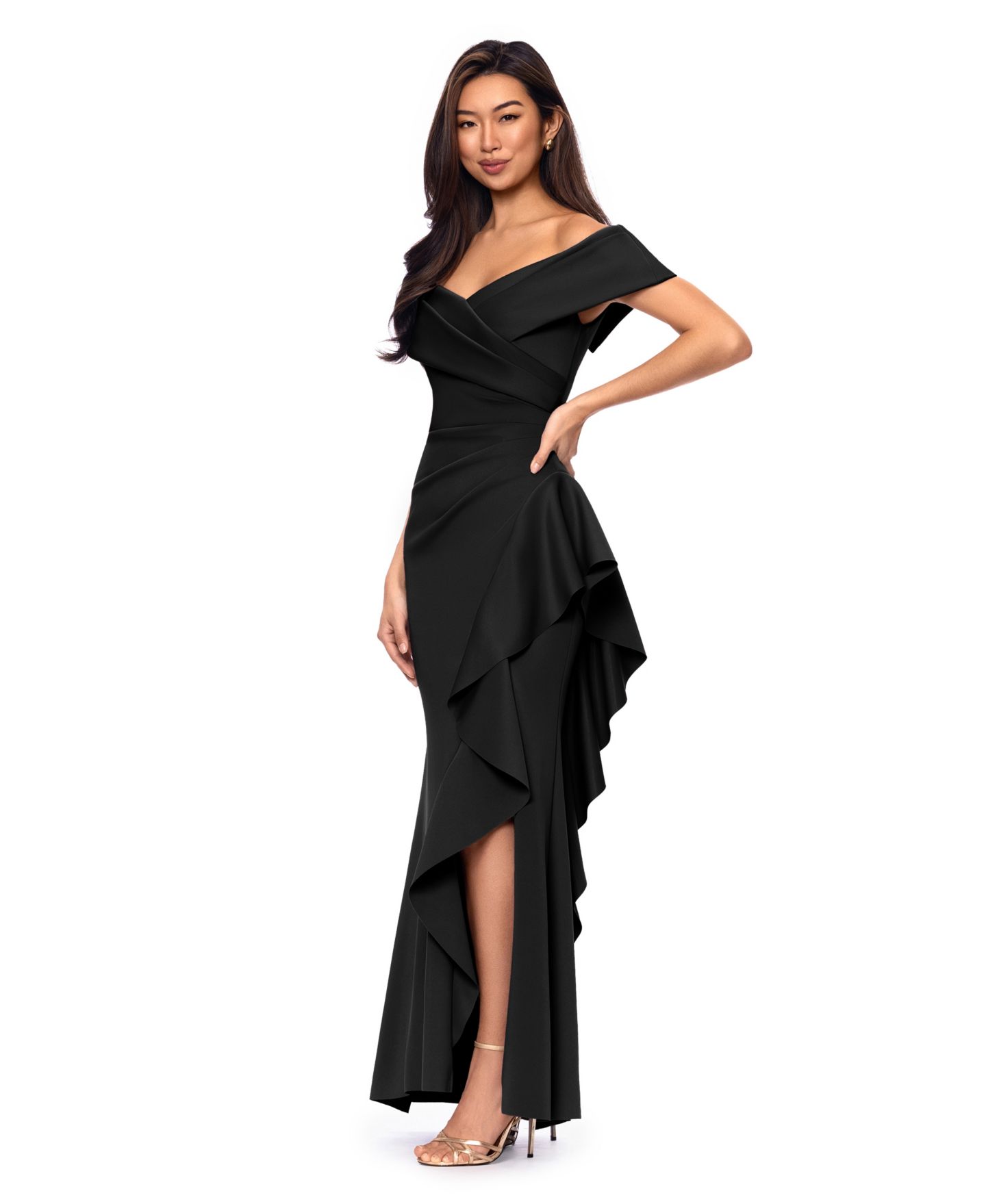 Женское платье XSCAPE Petite Sweetheart Neck Side Ruffle Off-The-Shoulder Long, цвет: Чёрный — фото 3