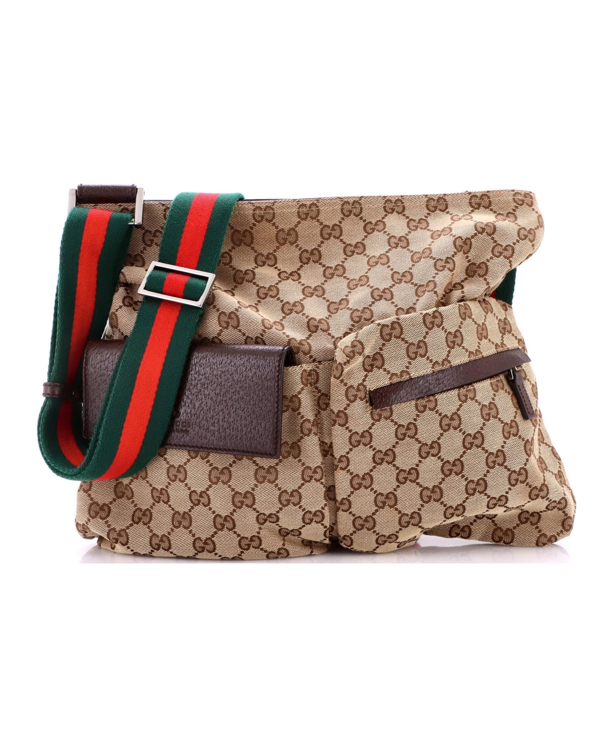 Pre-Owned Gucci Medium Double Pocket Web Messenger Gg Canvas - Brown