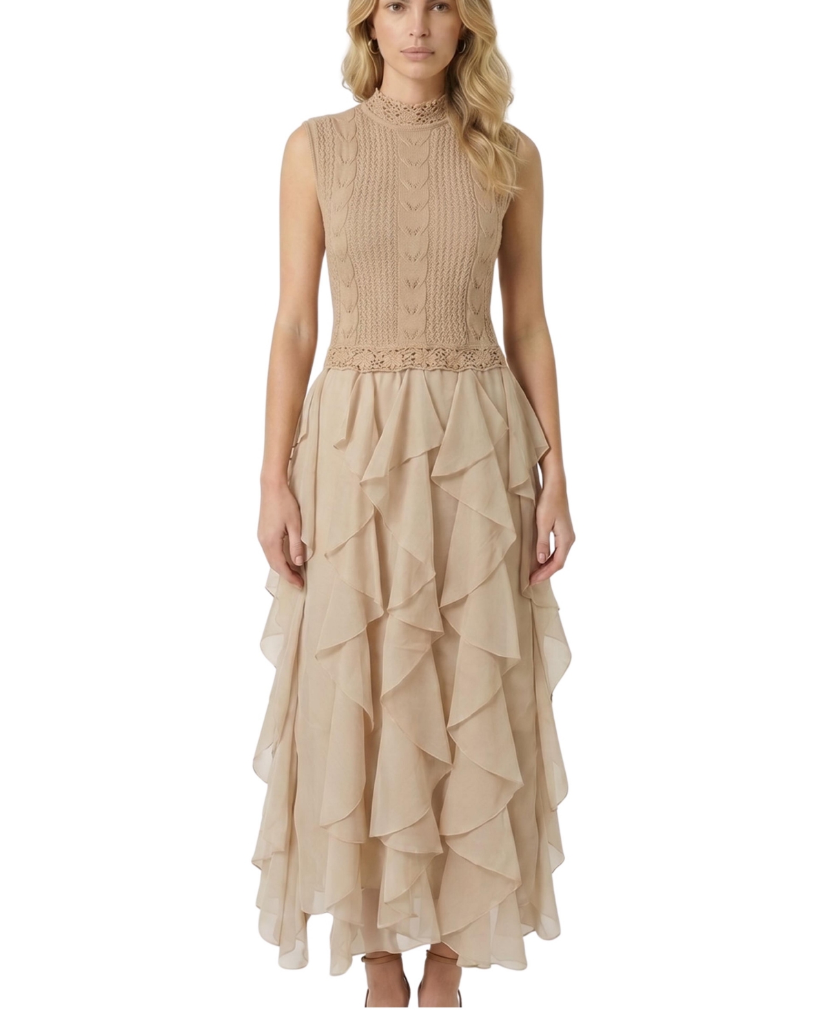 Modenaire Women's Crochet Knit Top and Chiffon Ruffle Skirt, 2-Piece Set - Tan