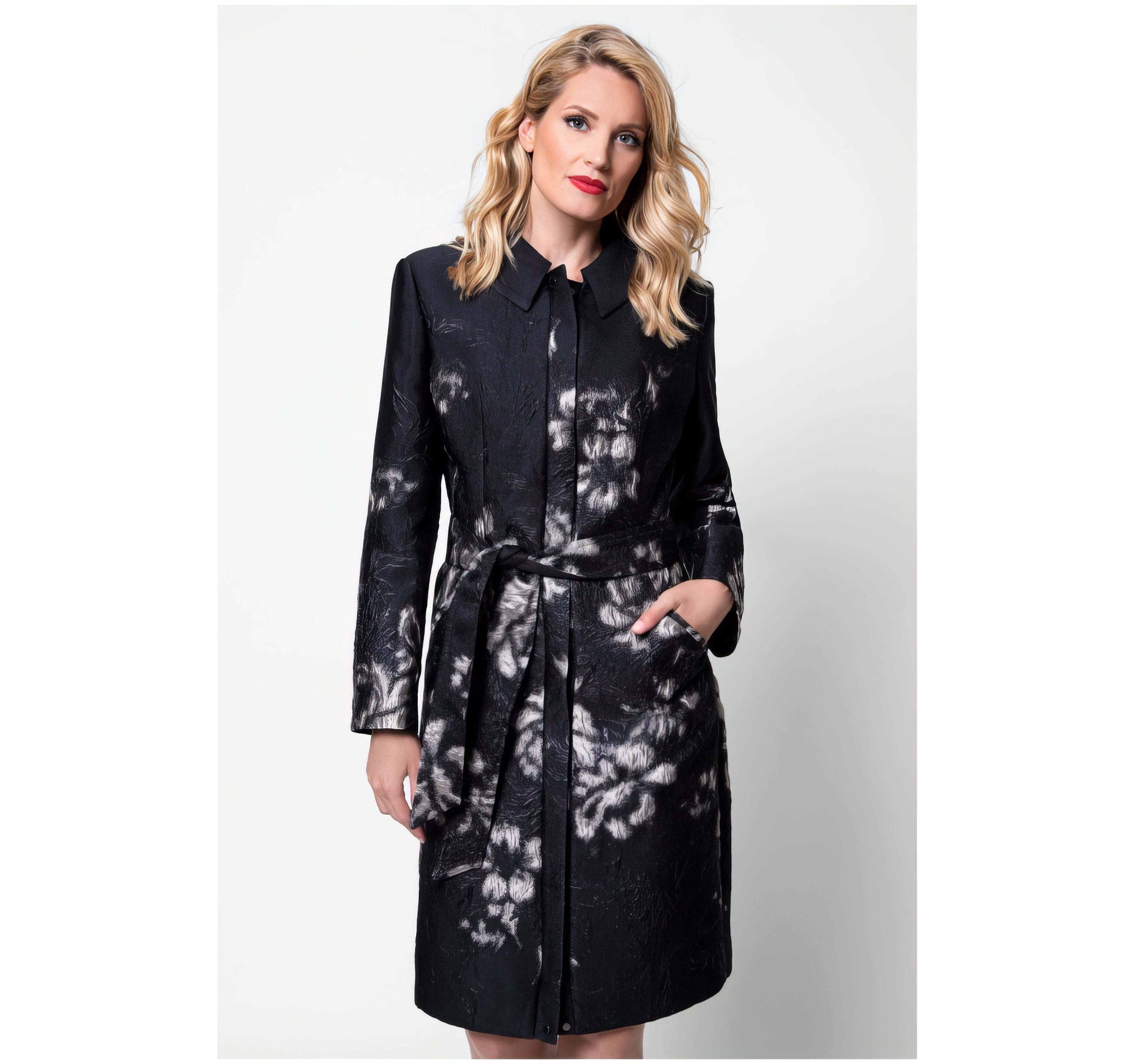 Luna Fashion House Women's Emma Metallic Floral Jacquard Belted Lightweight Coat