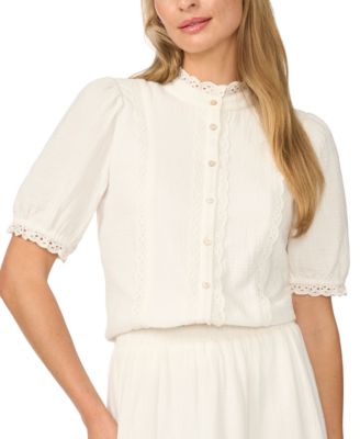 Women's Scallop Trim Puff Sleeve Button Up Blouse