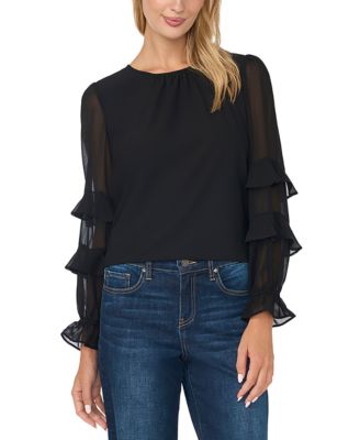 Women's Ruffle Long-Sleeve Button-Keyhole Crewneck Blouse