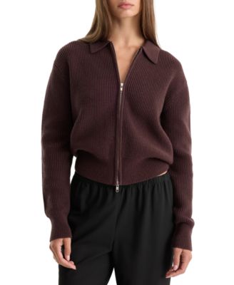 Women's Cropped Full-Zip Polo Cardigan Sweater