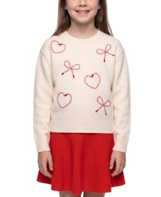 Girls' 7-16 Bow Heart Soutache Long-Sleeve Sweater