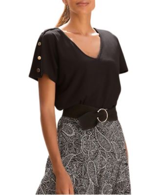 Women's V-Neck Short Dolman-Sleeve Gold-Tone Button Top