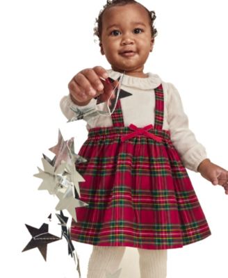 Baby Girls' Plaid Christmas Round Neck Top, Dress and Tights, 3-Piece Set 