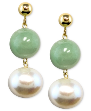image of 14k Gold Earrings, Cultured Freshwater Pearl and Jade