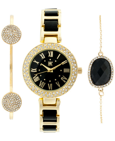 INC International Concepts Women's Gold-Tone and Black Acrylic Bracelet Watch & Bracelets Set 30mm, Only at Macy's
