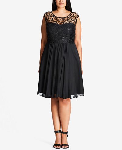 City Chic Trendy Plus Size Sequined Lace Fit & Flare Dress