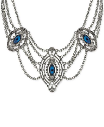 2028 Hematite-Tone Blue Stone Statement Necklace