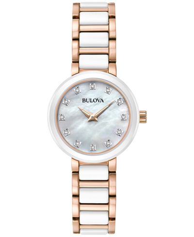 Bulova Women's Diamond Accent White Ceramic and Rose Gold-Tone Stainless Steel Bracelet Watch 30mm 98P160