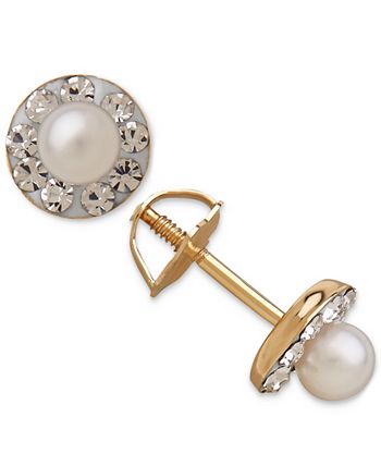 Macy's - Cultured Freshwater Pearl (3mm) and Cubic Zirconia Stud Earrings in 14k Gold