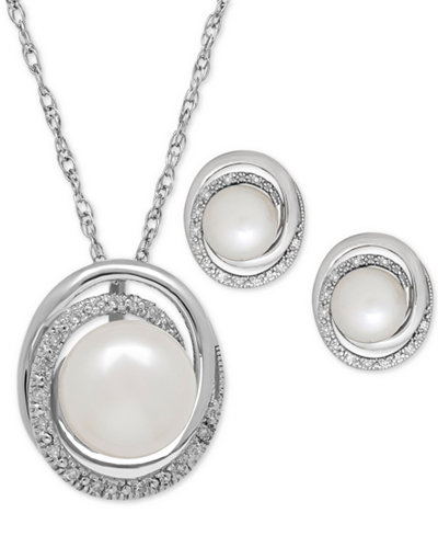 Cultured Freshwater Pearl (7 & 8mm) and Diamond Accent Pendant Necklace and Earrings Set in Sterling Silver