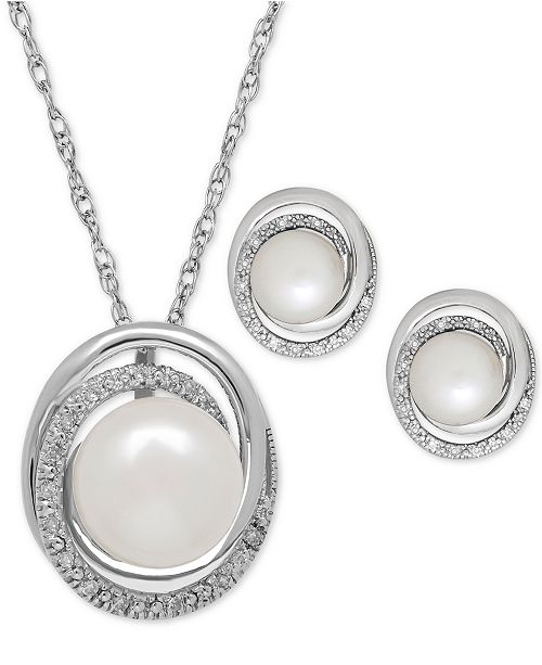 Macy&#39;s Cultured Freshwater Pearl (7 & 8mm) and Diamond Accent Pendant Necklace and Earrings Set ...