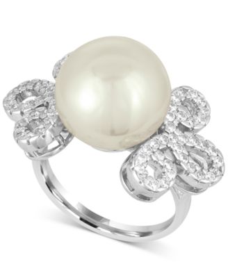Majorica - Sterling Silver Imitation Pearl and Pav&eacute; Ring