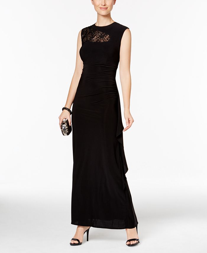 R & M Richards Sequined Lace-Trim Ruched Gown - Macy's