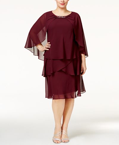 SL Fashions Plus Size Tiered Dress and Embellished Cape