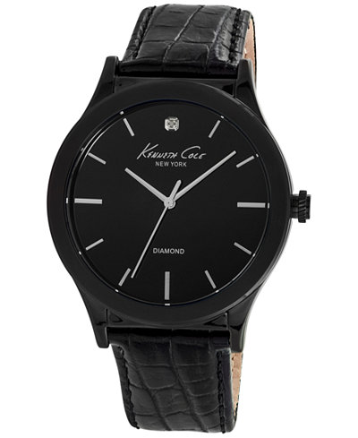 Kenneth Cole New York Men's Diamond Accent Black Leather Strap Watch 44mm 10024367