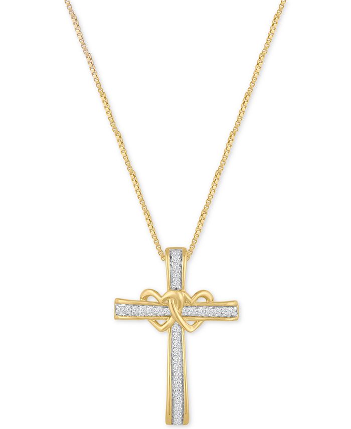 Macy's Diamond Double Heart Cross Pendant Necklace (1/10 ct. t.w.) in ...
