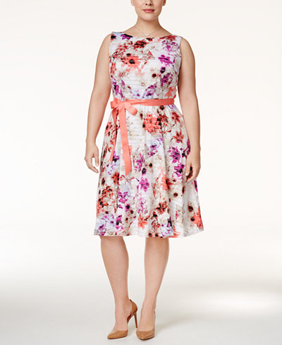SL Fashions Plus Size Belted Floral-Print A-Line Dress
