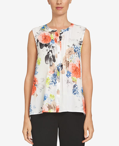 CeCe Floral-Print Pintucked Blouse