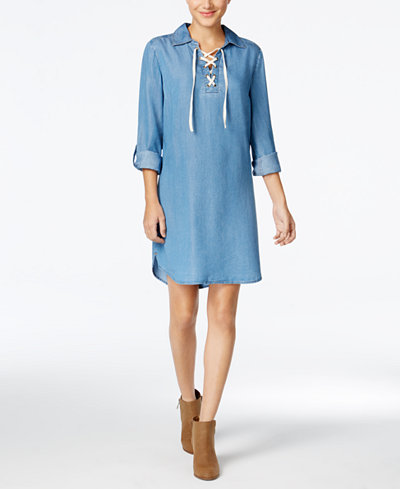 Style & Co Lace-Up Denim Dress, Only at Macy's
