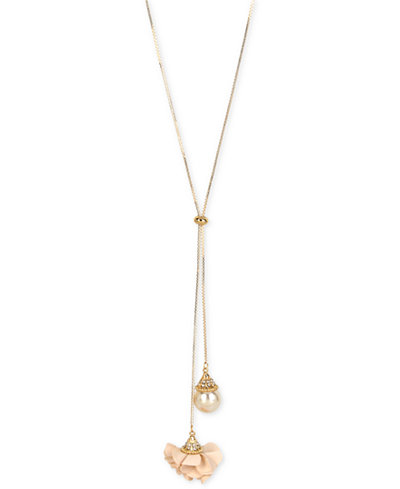 M. Haskell for INC International Concepts Gold-Tone Blush Fabric Flower and Imitation Pearl Lariat Necklace, Only at Macy's