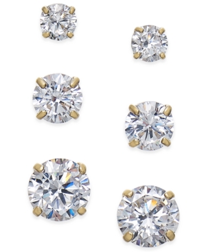 image of Cubic Zirconia 3-Pc. Set Graduated Stud Earrings in 14k Gold or 14k White Gold