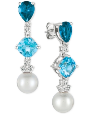 image of Le Vian Blue Topaz (3-9/10 ct. t.w.), White Cultured Freshwater Pearl (9mm) and Diamond (1/3 ct. t.w.) Drop Earrings in 14k White Gold