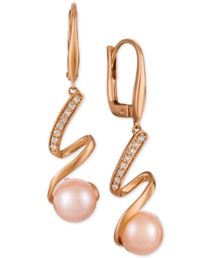 image of Le Vian Pink Cultured Freshwater Pearl (8mm) and Diamond (1/10 ct. t.w.) Drop Earrings in 14k Rose Gold