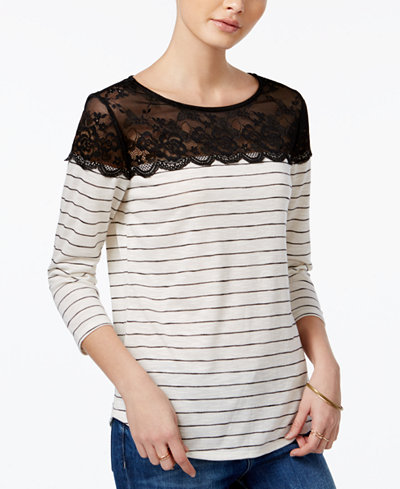 Maison Jules Striped Lace-Contrast Top, Only at Macy's