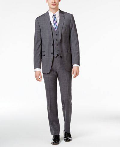 calvin klein suit windowpane vested plaid slim tall gray mens