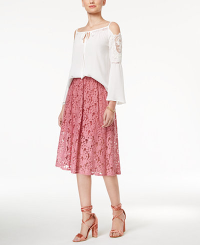 Disney Beauty and the Beast Juniors' Cold-Shoulder Lace-Trim Blouse & Floral Lace Skirt