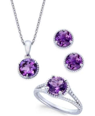 Macy's Amethyst Rope-Style Pendant Necklace, Stud Earrings and Ring Set ...