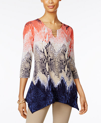 JM Collection Petite Printed Handkerchief-Hem Tunic, Only at Macy's