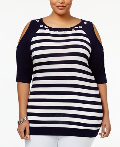 Belldini Plus Size Cold-Shoulder Grommet Top
