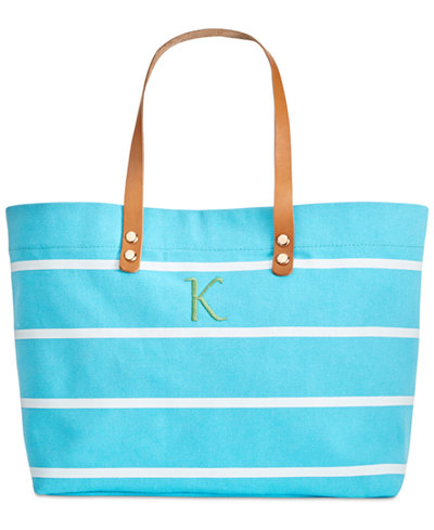 Cathy's Concepts Personalized Light Blue Striped Tote with Leather Handles
