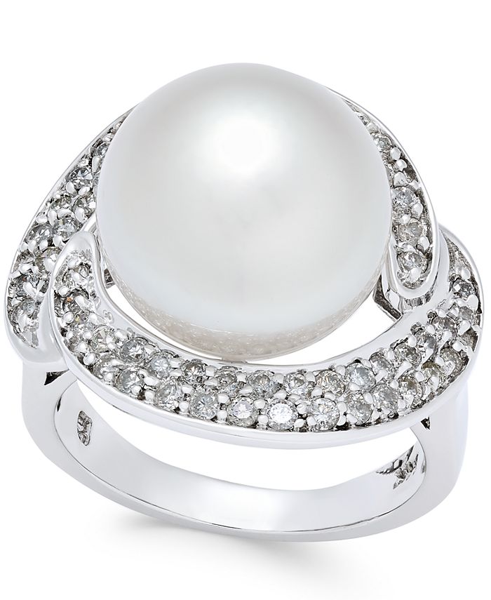Macy's - Cultured South Sea Pearl (13mm) and Diamond (5/8 ct. t.w.) Ring in 14k White Gold