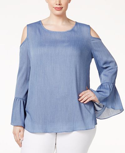 ING Trendy Plus Size Cold-Shoulder Chambray Top