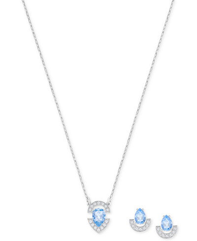 Swarovski Silver-Tone Blue and Clear Crystal Pendant Necklace & Matching Stud Earrings Set