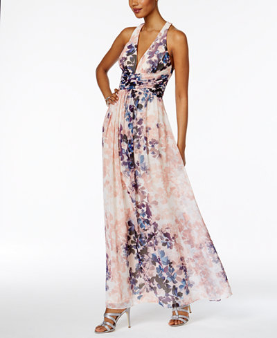 SL Fashions Floral-Print A-Line Gown