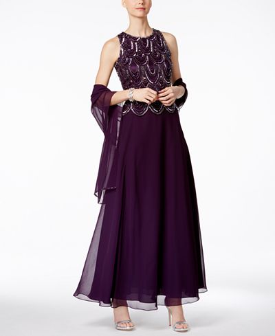 J Kara Embellished A-Line Gown and Scarf - Dresses - Women - Macy&#39;s