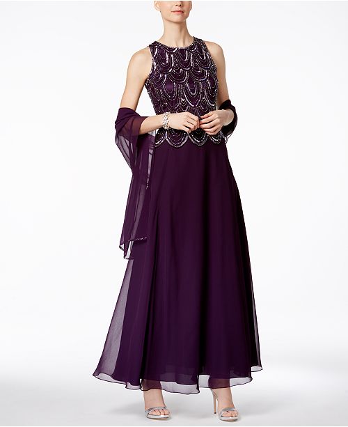 J Kara Embellished A-Line Gown and Scarf & Reviews - Dresses - Women - Macy&#39;s
